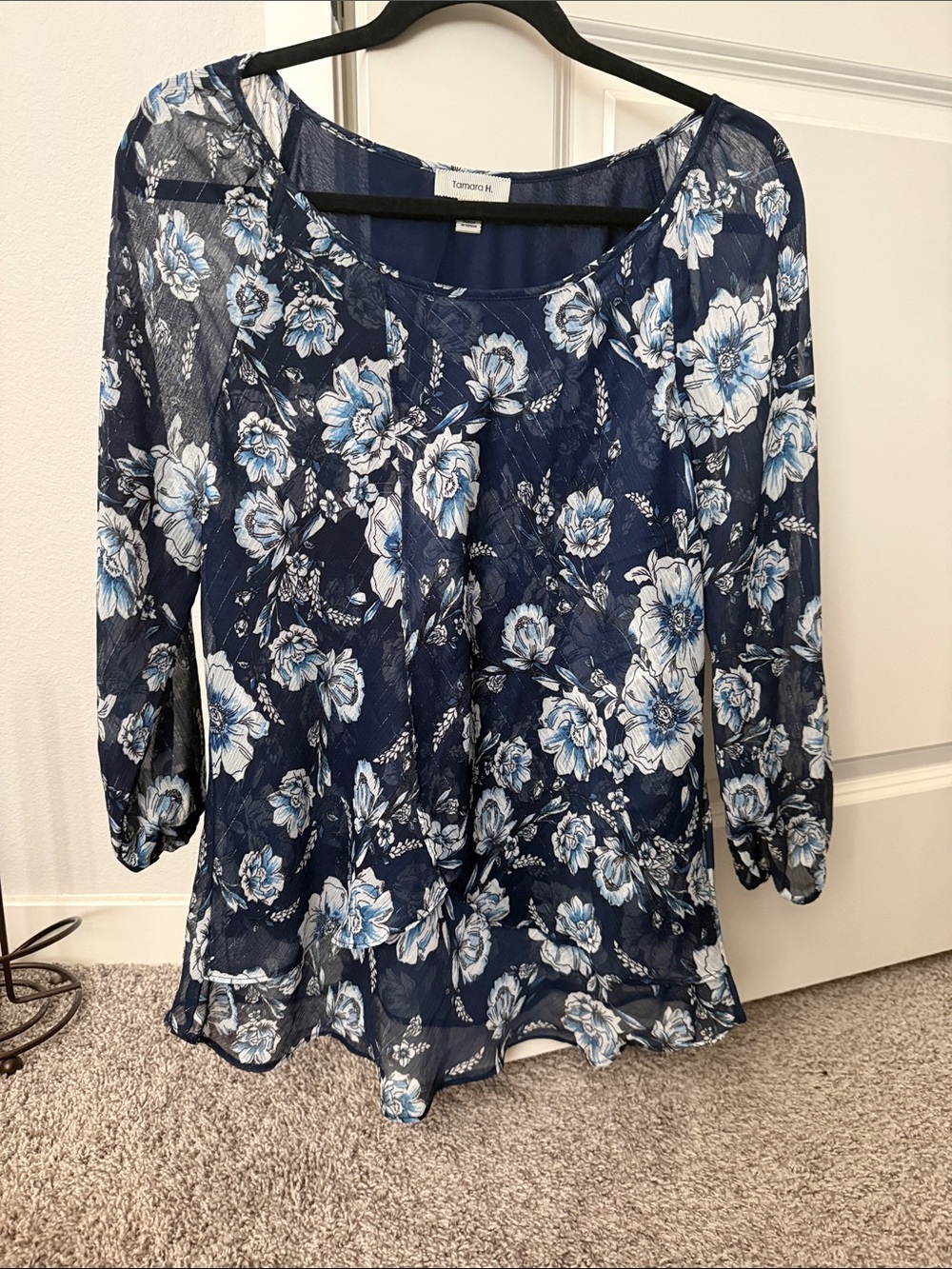 Tommy Hilfiger Navy Floral Sheer Scoop-Neck Blouse
